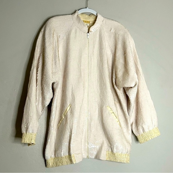 VINTAGE MONDI 1980s white sequin bomber jacket and pencil skirt silk large - Picture 1 of 9